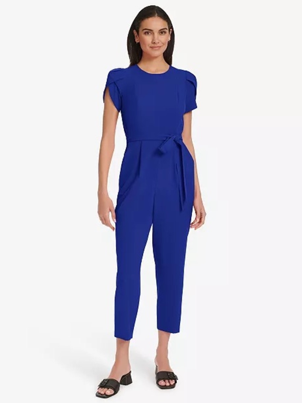 Calvin Klein Cobalt Blue Short-Sleeve Jumpsuit with Tie Waist